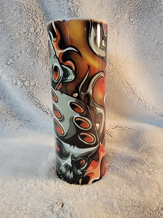 Orange and Black skull dice 20oz sublimination skinny tumbler.
