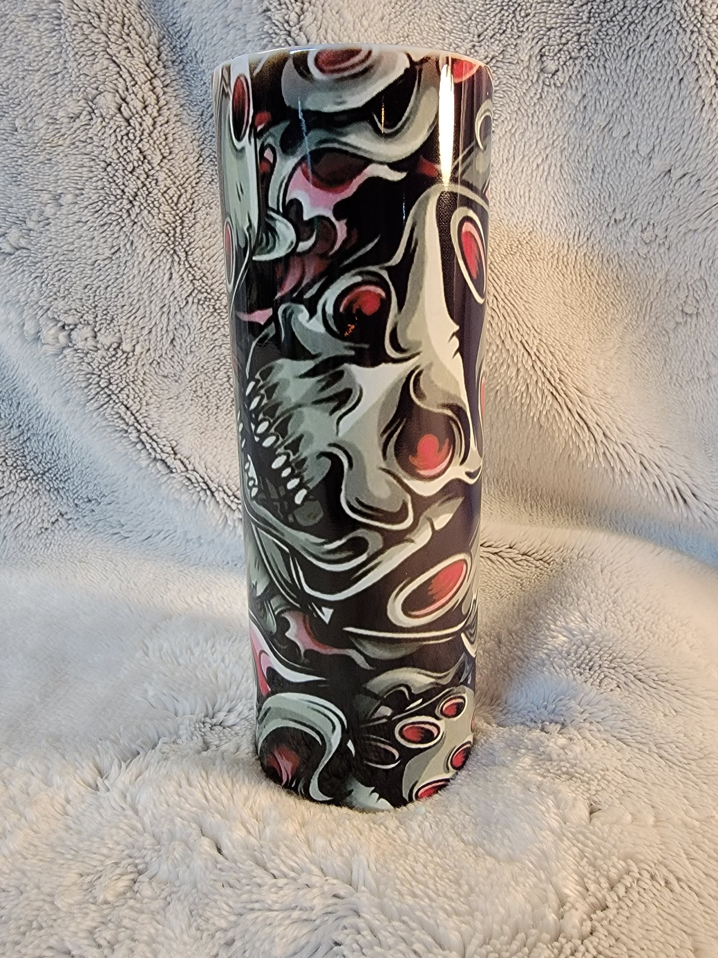 Pink and Black skull dice 20oz sublimination skinny tumbler.