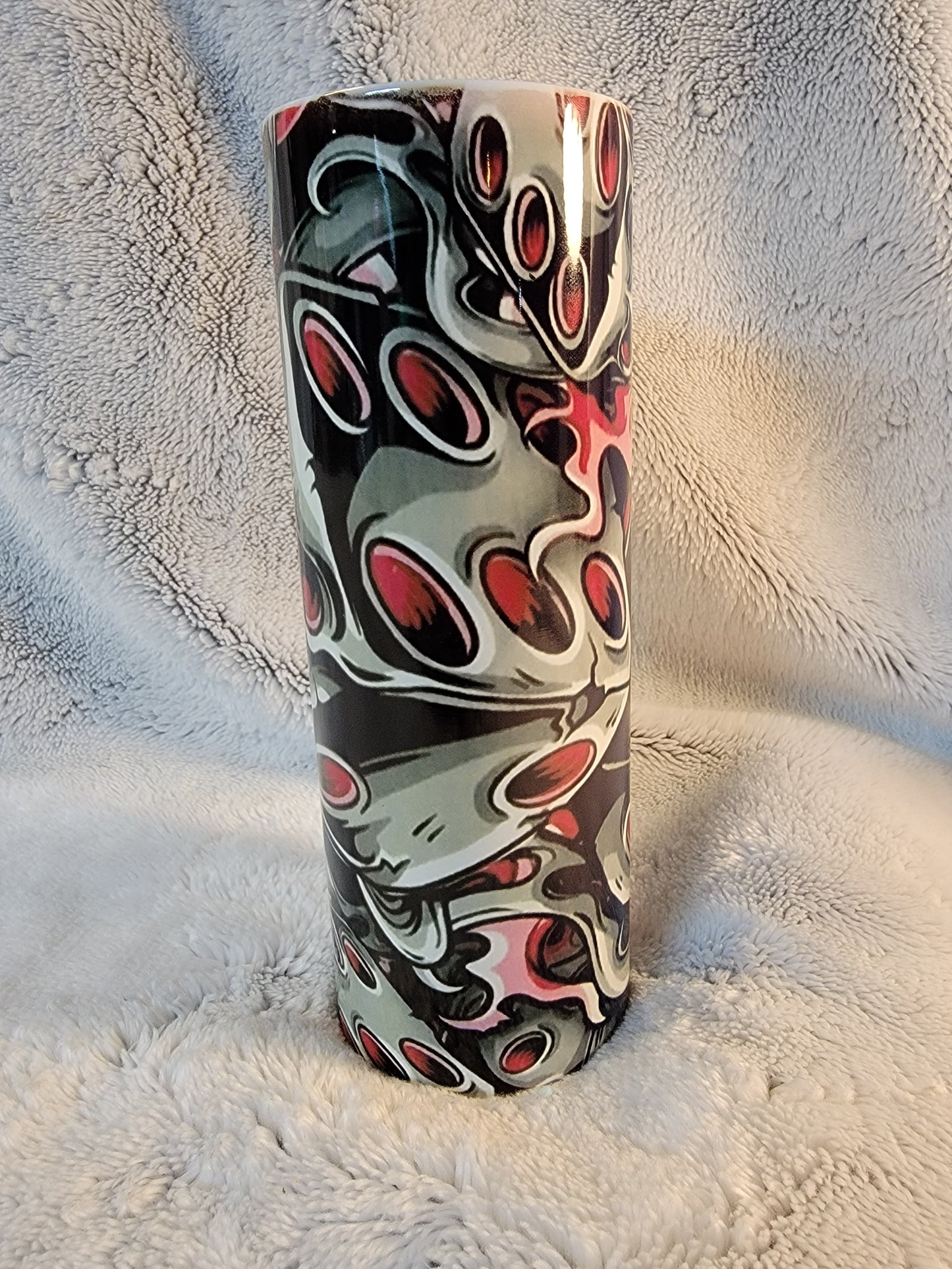 Pink and Black skull dice 20oz sublimination skinny tumbler.