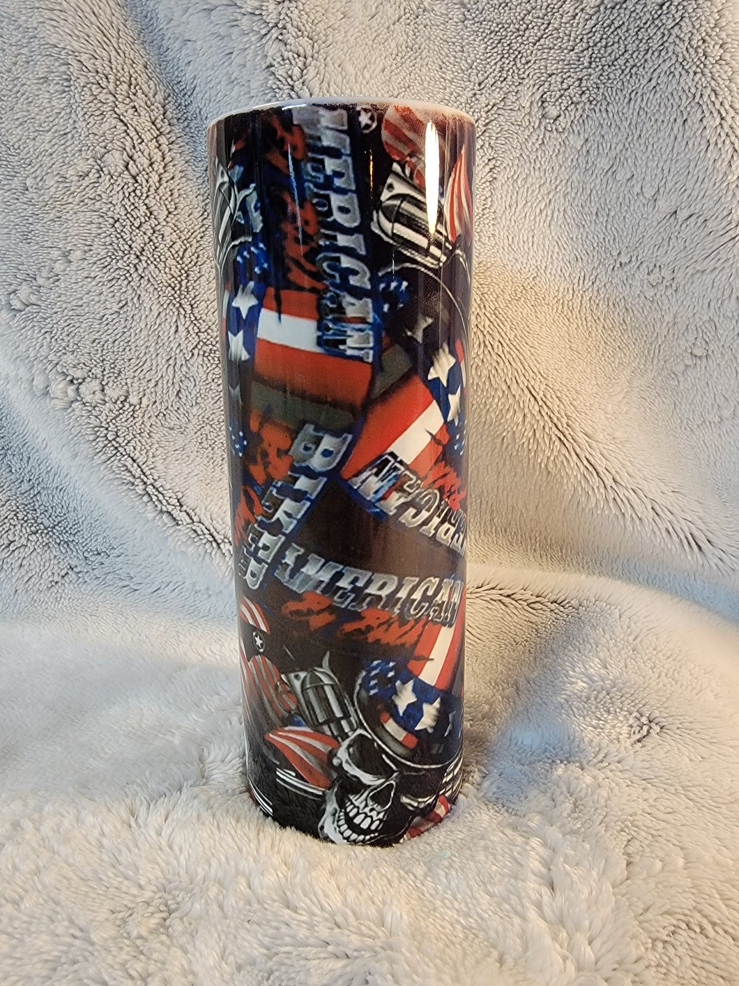 American By Birth, Biker By Choice 20oz sublimination skinny tumbler.