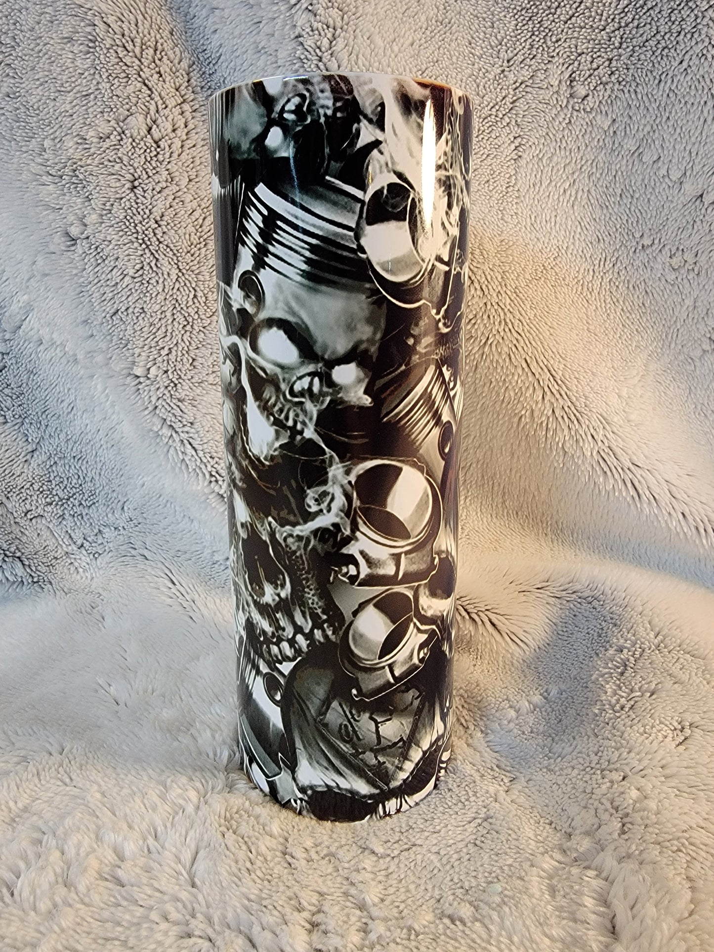 Vtwin Piston and skulls 20oz sublimination skinny tumbler.