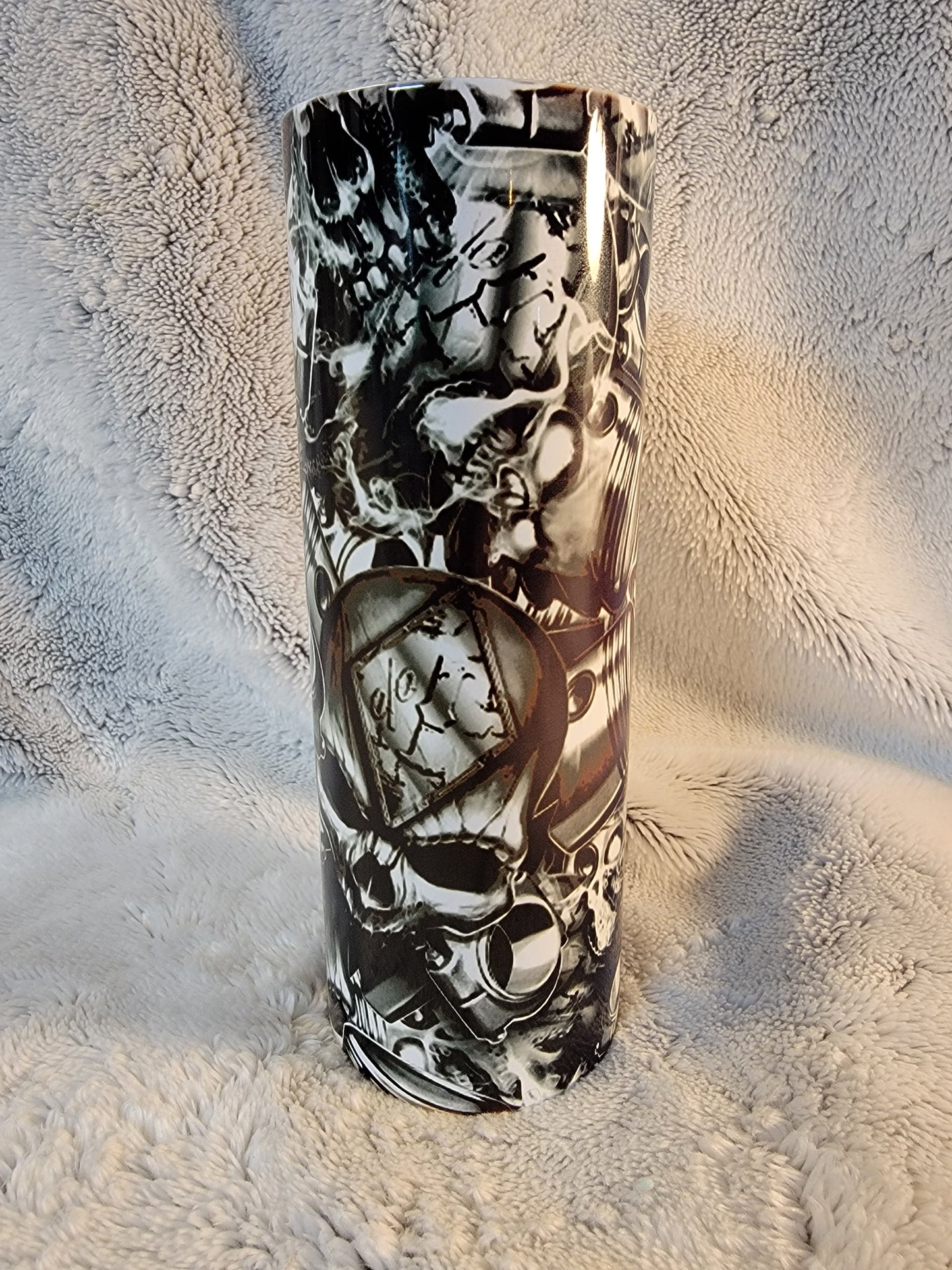 Vtwin Piston and skulls 20oz sublimination skinny tumbler.