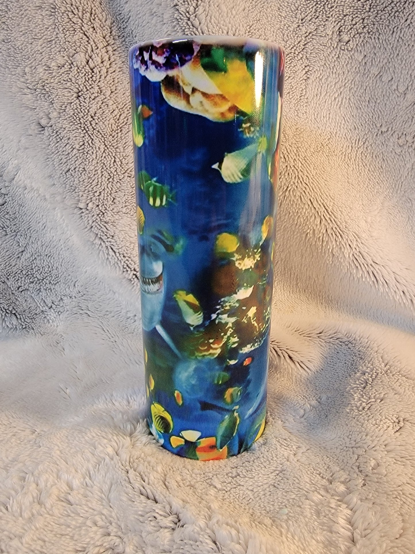 Bruce the shark 20oz sublimination skinny tumbler.