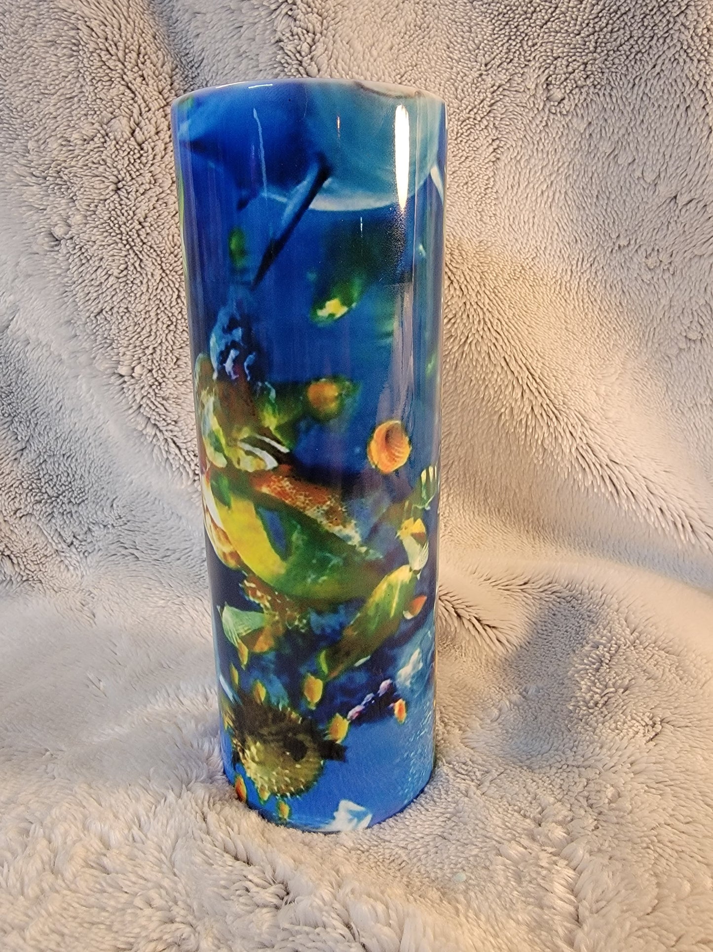 Bruce the shark 20oz sublimination skinny tumbler.