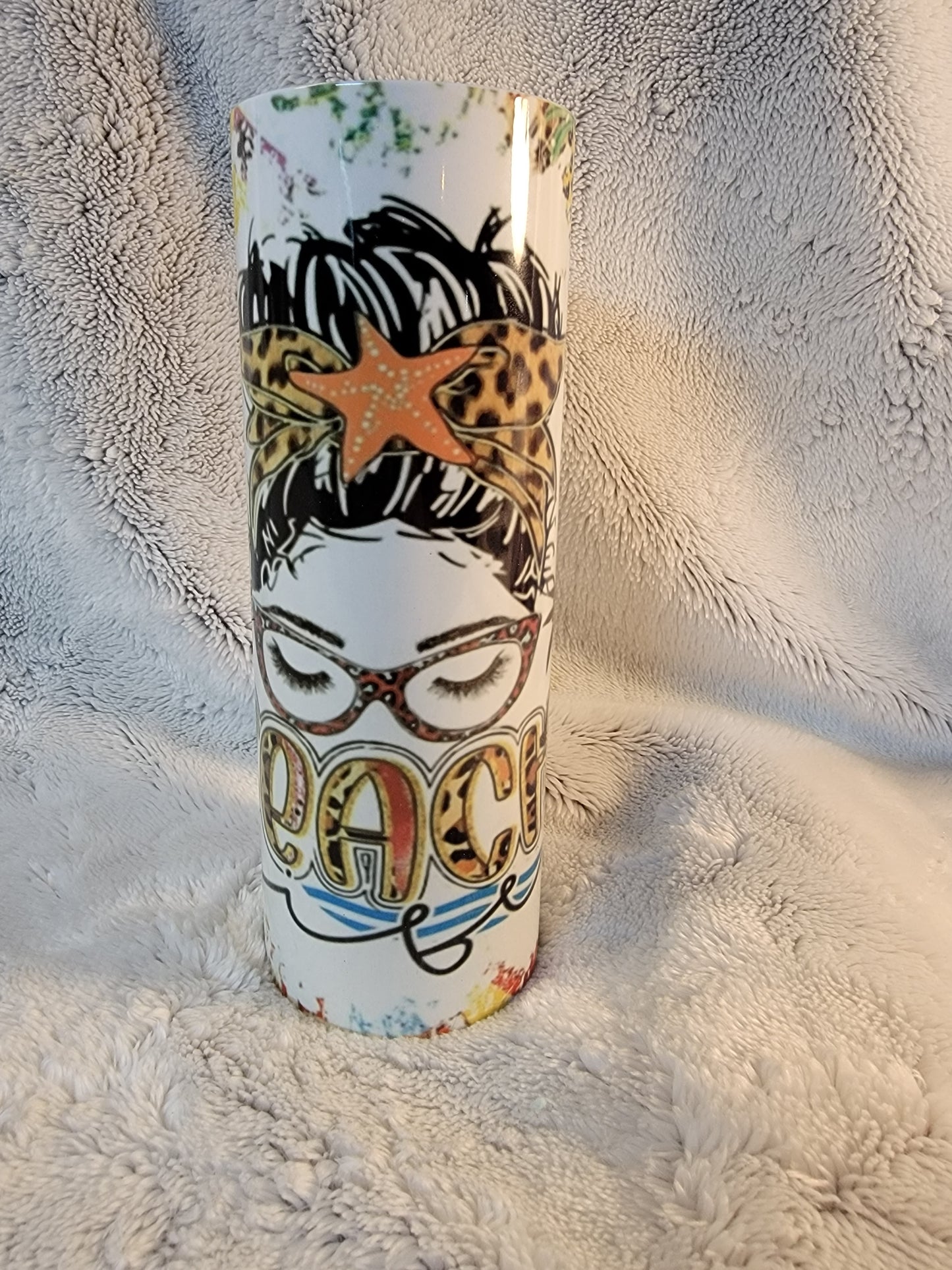 Beach Life Messy Bun 20oz sublimination skinny tumbler.