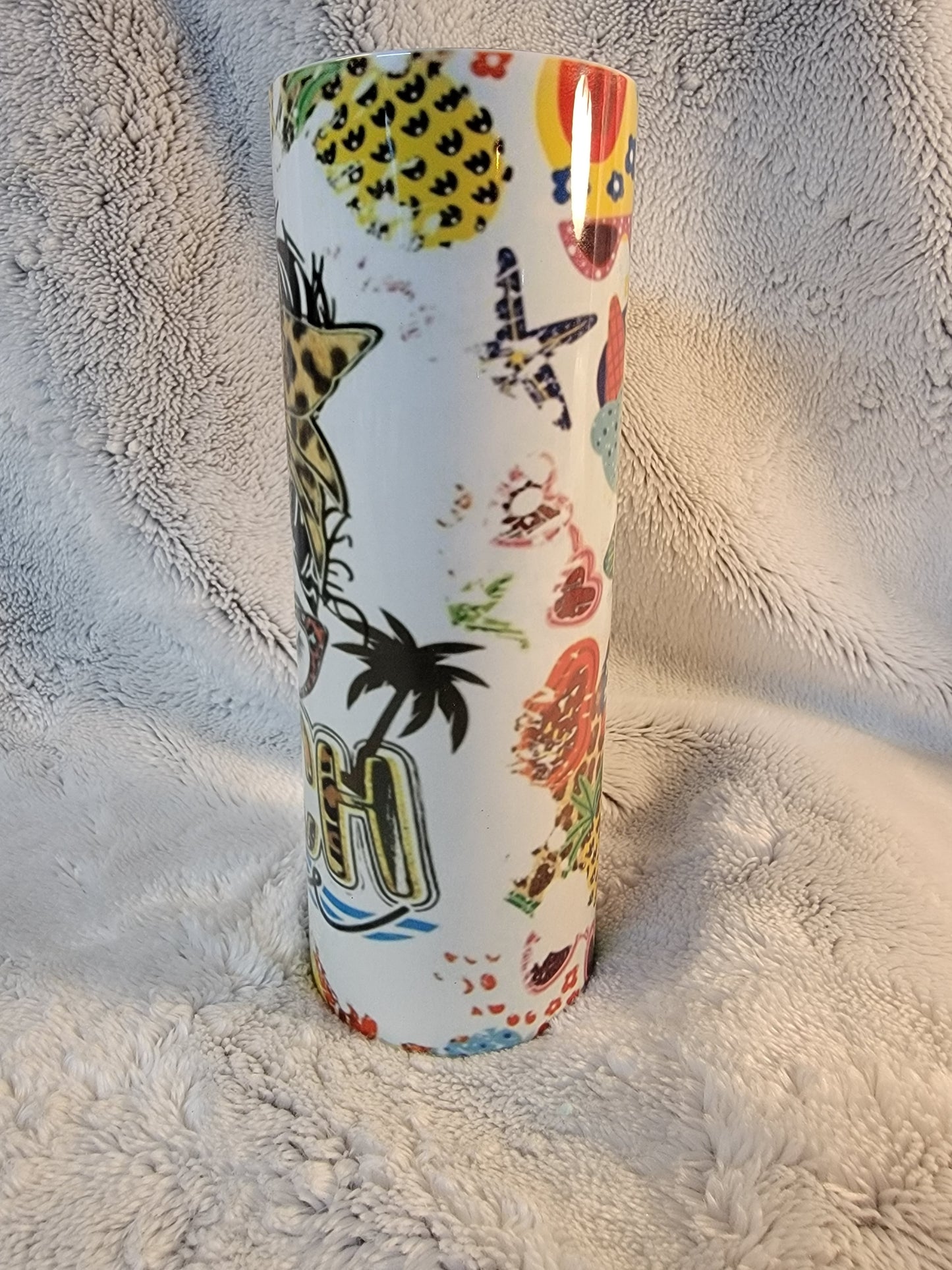 Beach Life Messy Bun 20oz sublimination skinny tumbler.