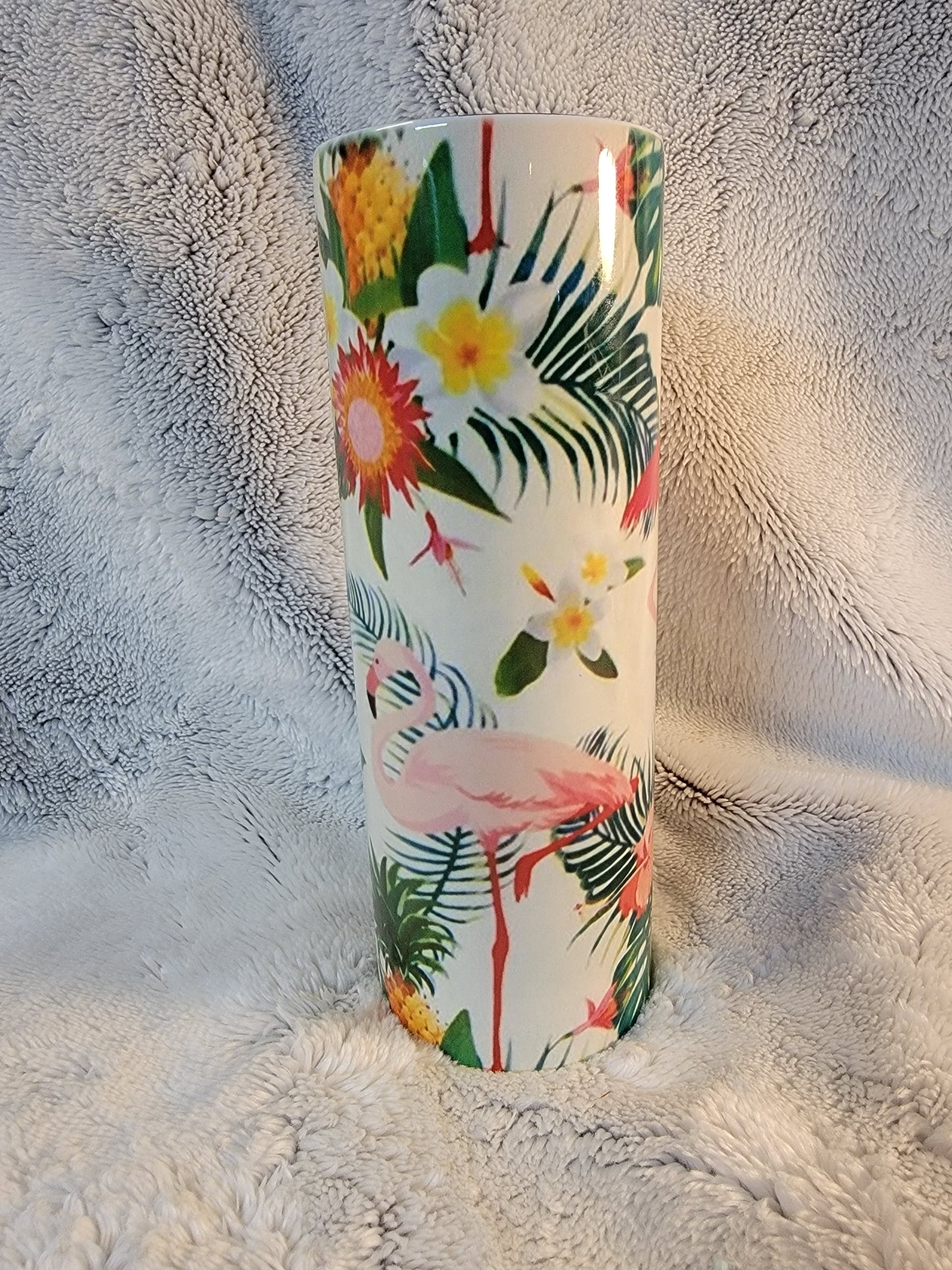 Tropical scene and Flamingos 20oz sublimination skinny tumbler.