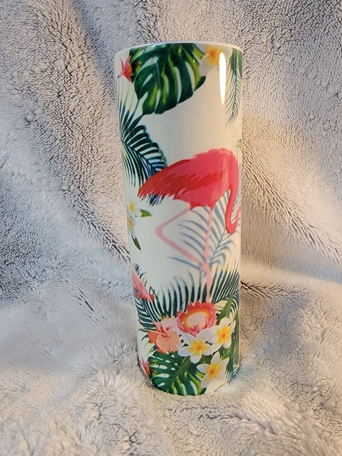 Tropical scene and Flamingos 20oz sublimination skinny tumbler.