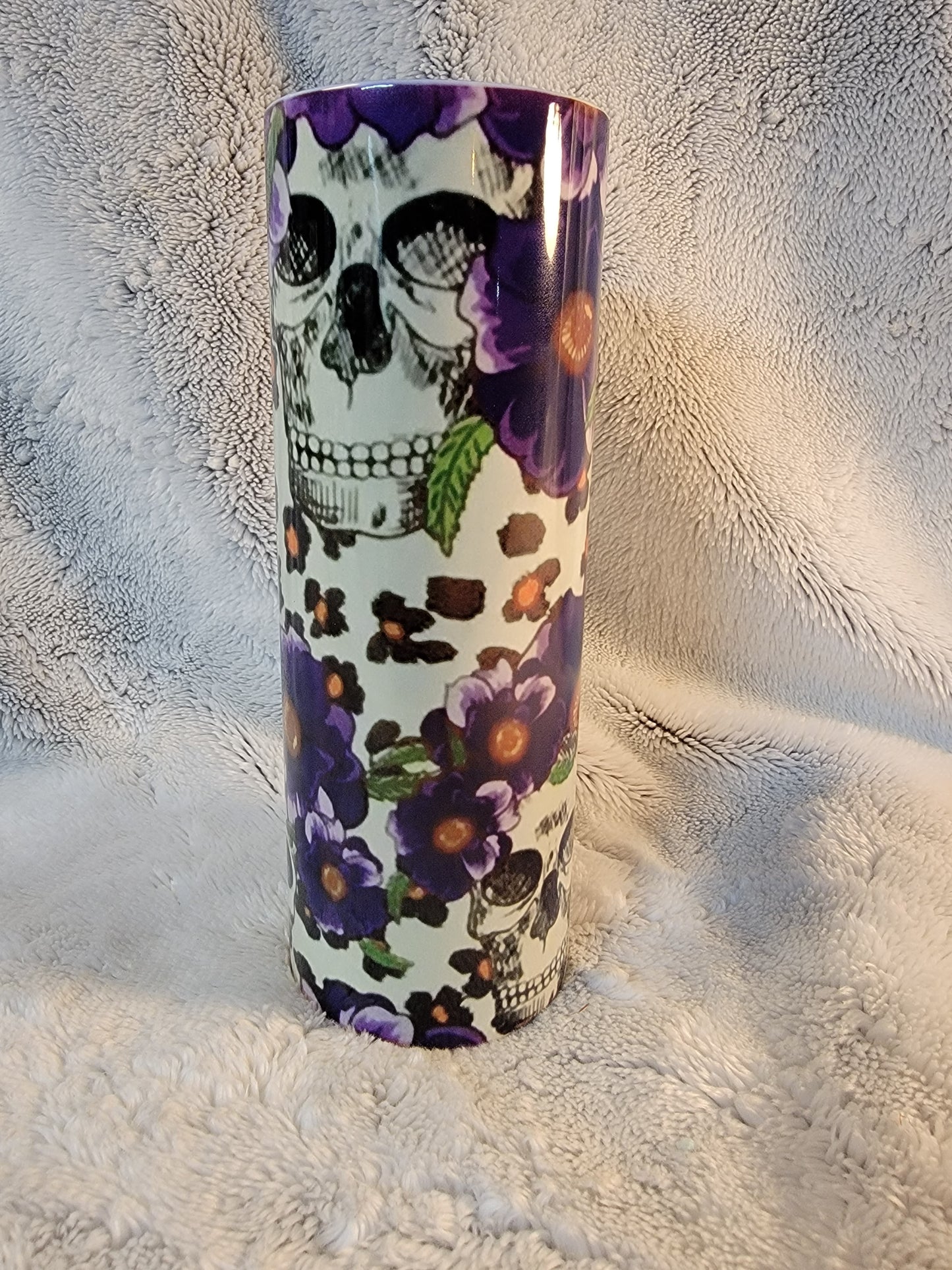 Vibrant Purple Flower and skulls 20oz sublimination skinny tumbler.