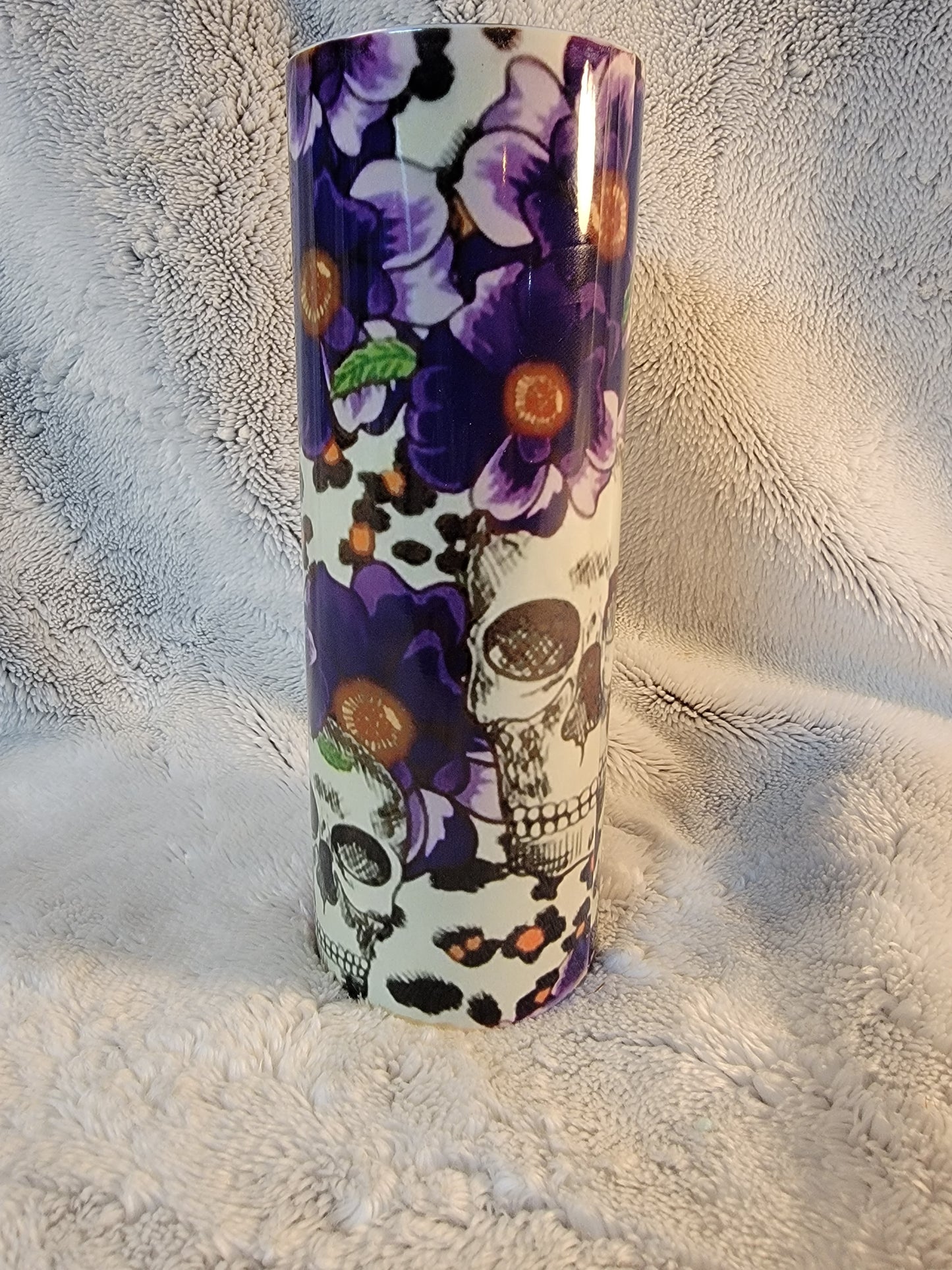 Vibrant Purple Flower and skulls 20oz sublimination skinny tumbler.