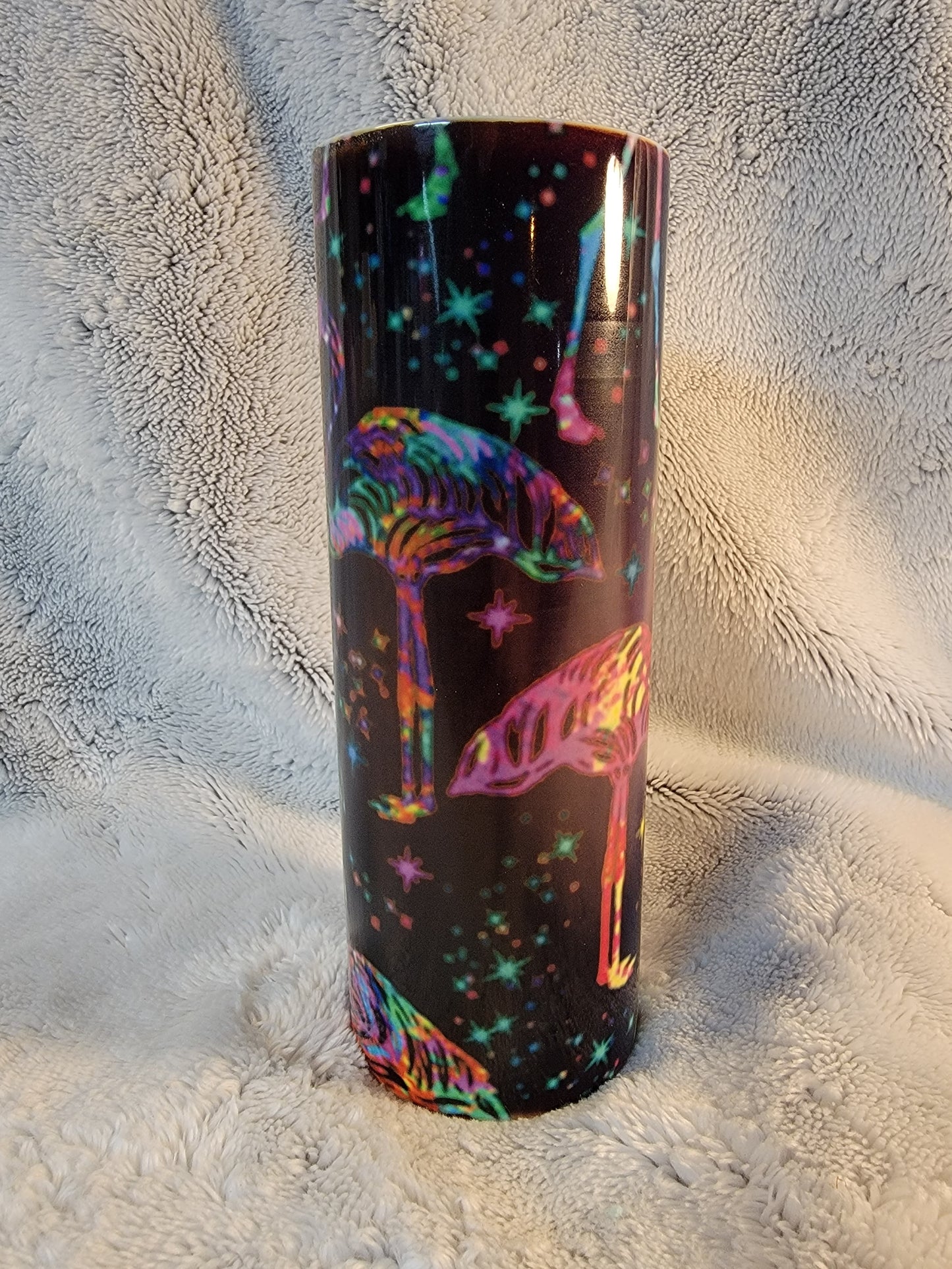 Neon Flamingo 20oz sublimination skinny tumbler.