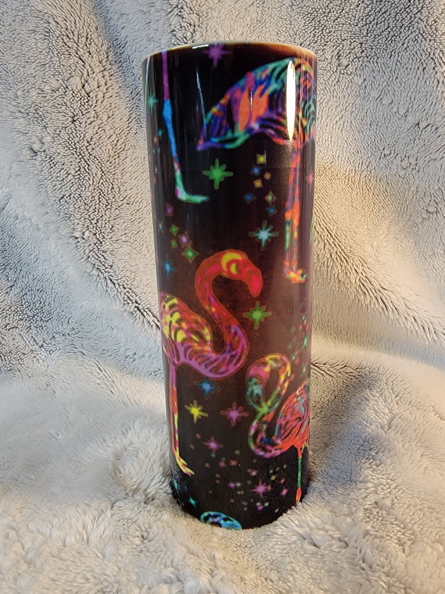 Neon Flamingo 20oz sublimination skinny tumbler.