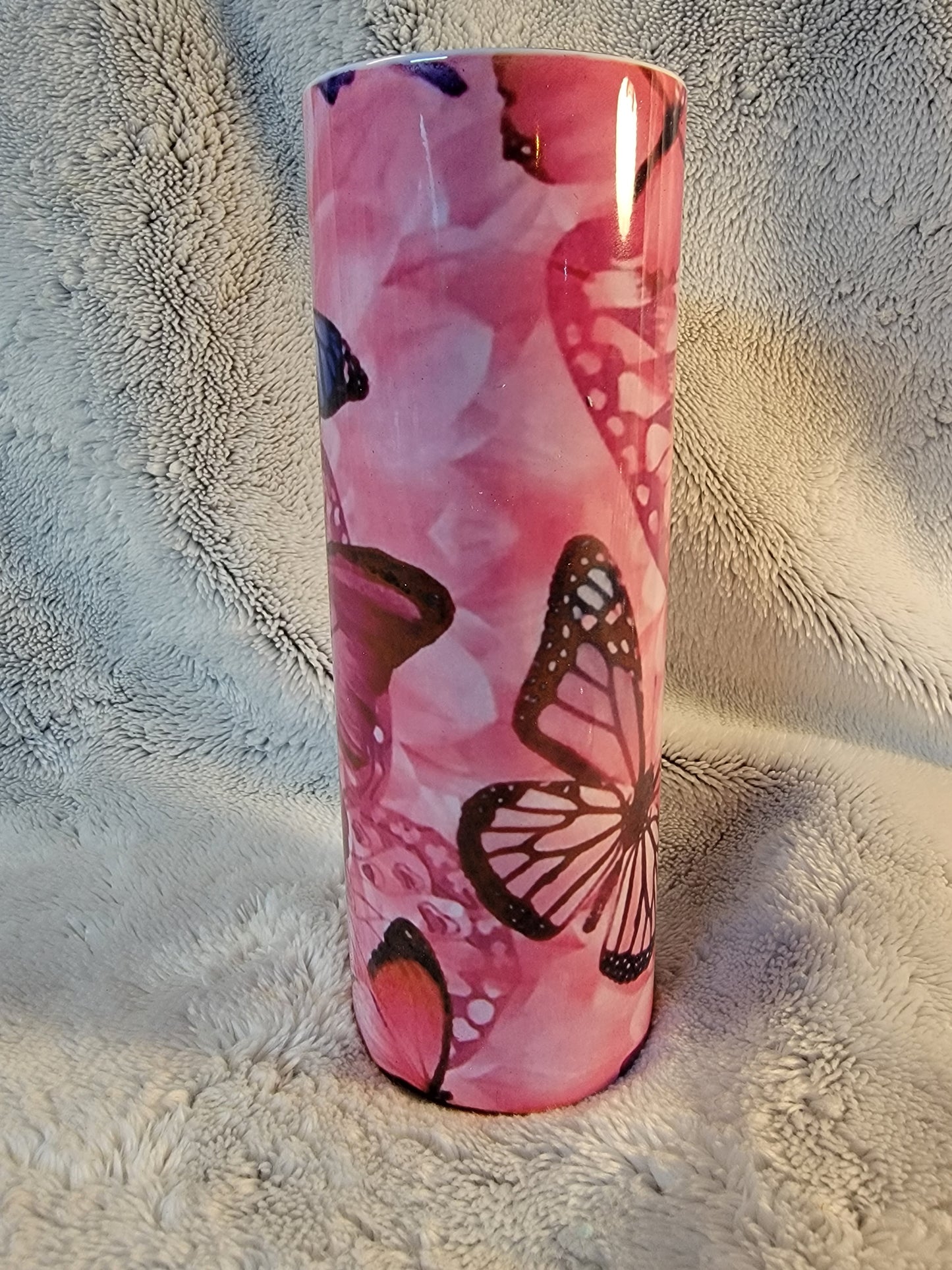 Pink and Blue Butterfly 20oz sublimination skinny tumbler.