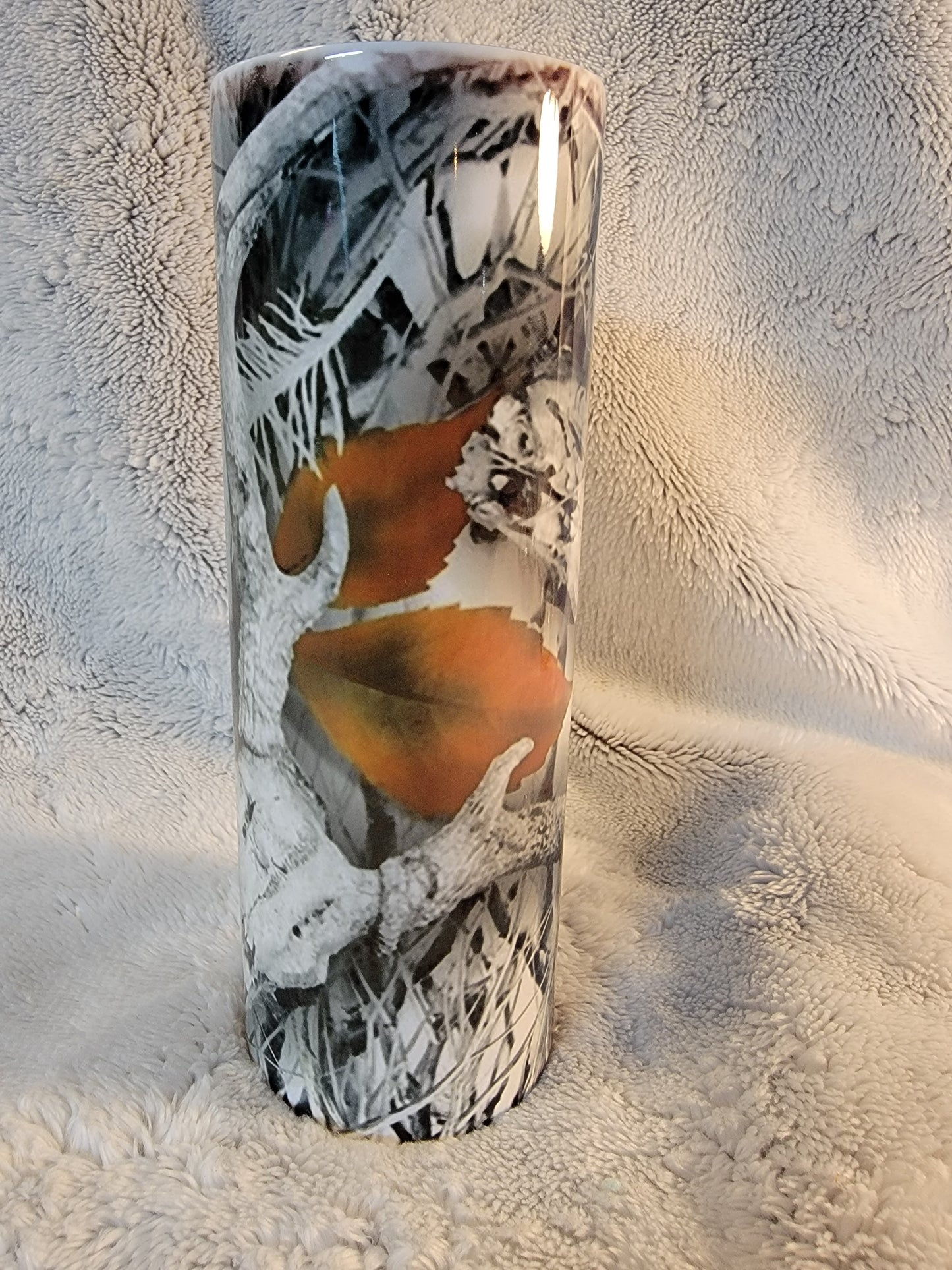 Snow buck 20oz sublimination skinny tumbler.