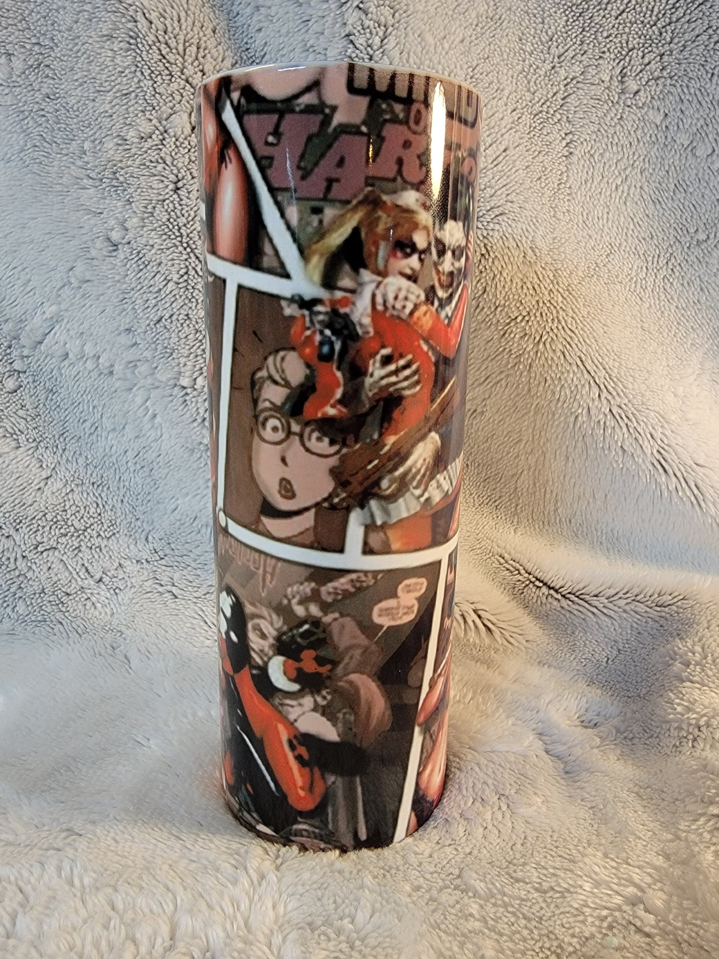 Harley Quinn comic pages 20oz sublimination skinny tumbler.