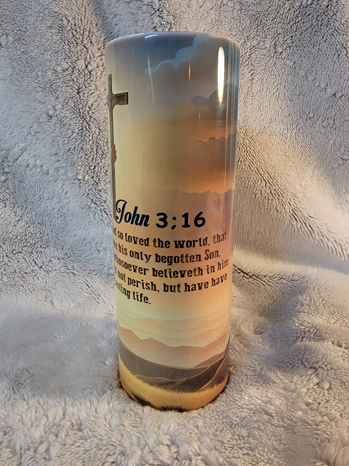 Bible Verse John 3:16 20oz sublimination skinny tumbler.
