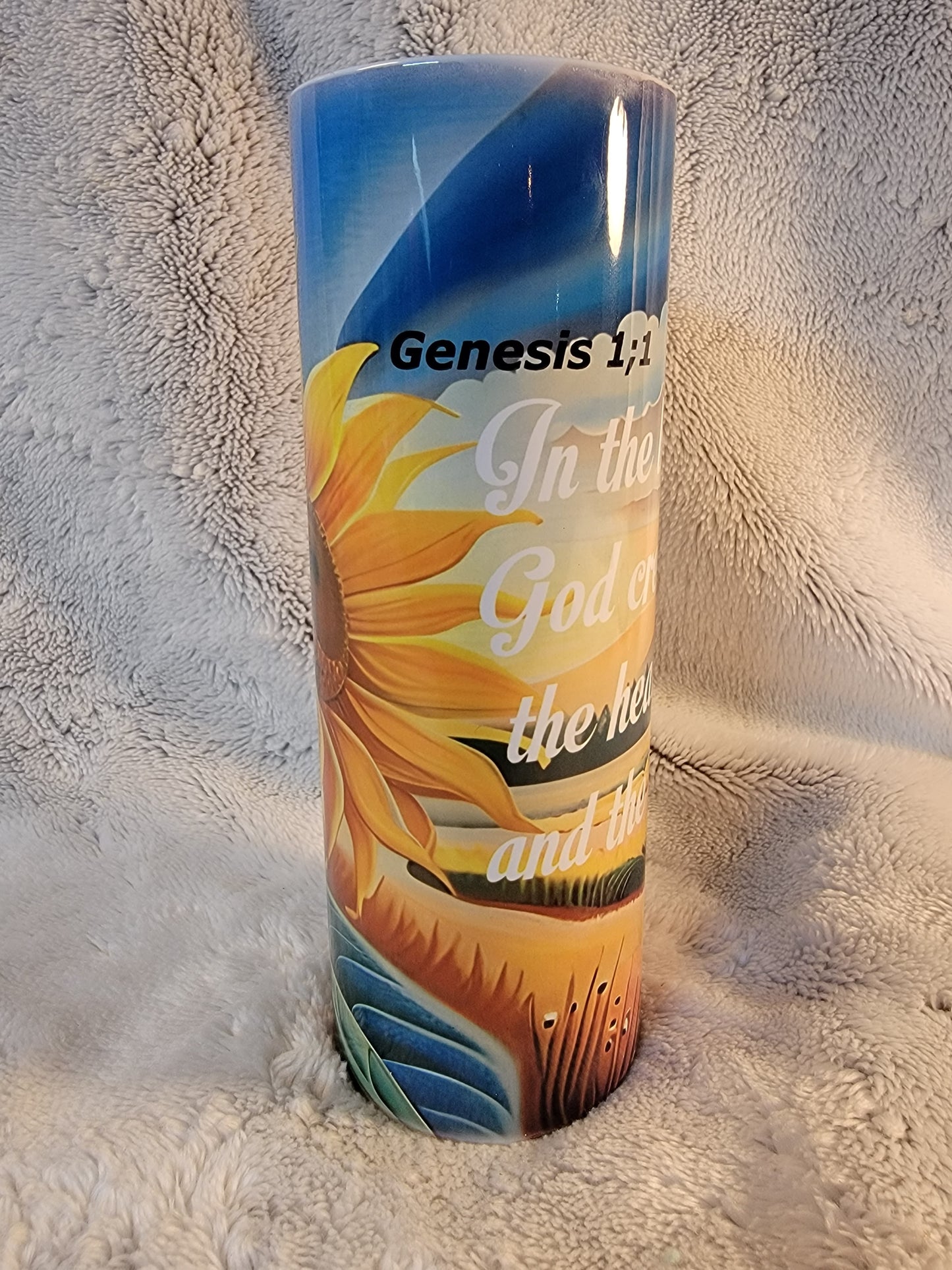 Bible Verse Genesis 1:1 20oz sublimination skinny tumbler.