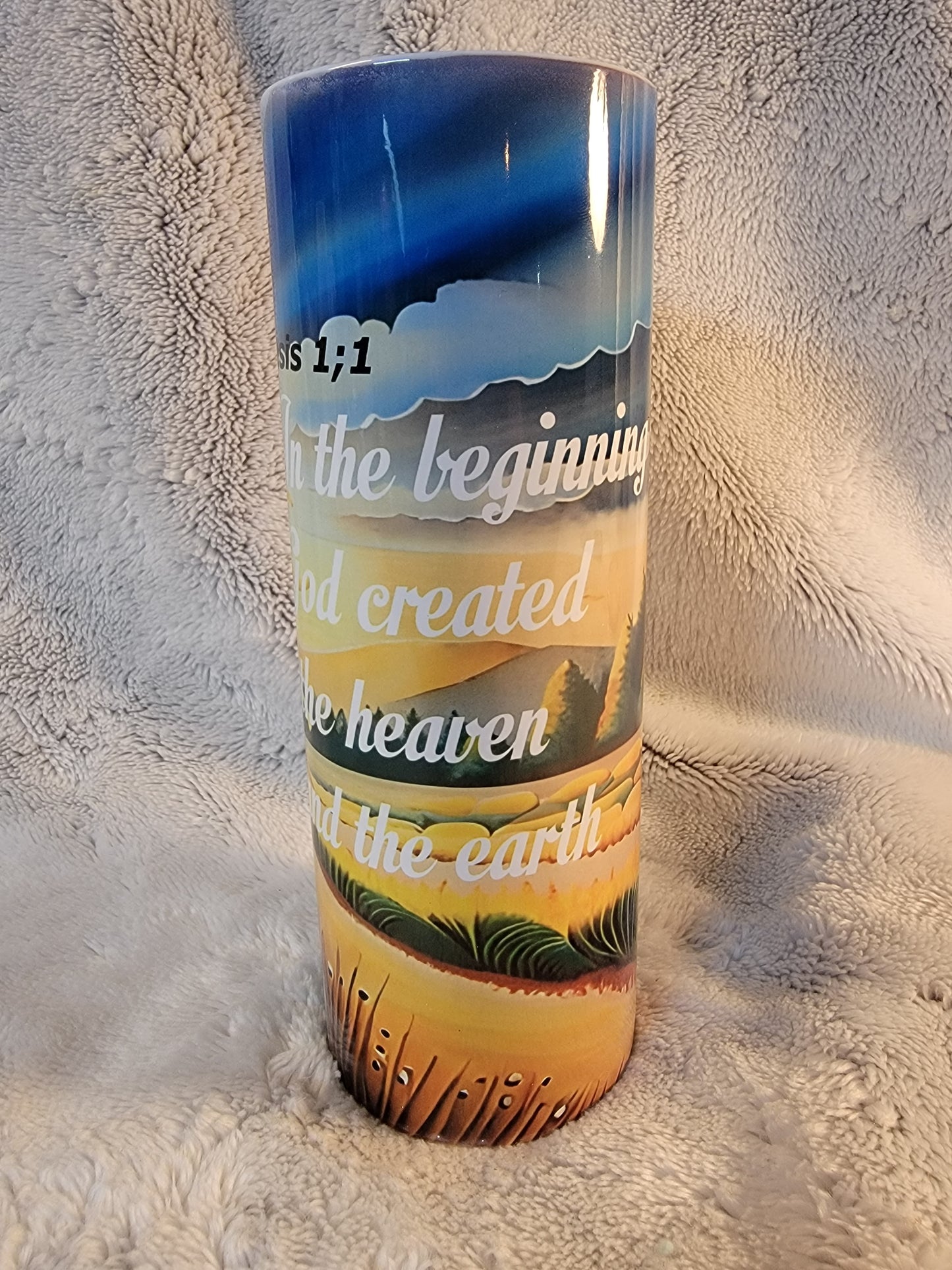 Bible Verse Genesis 1:1 20oz sublimination skinny tumbler.
