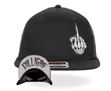 Middle Finger Snap Back Trucker Hat with DILLIGAF on the Brim