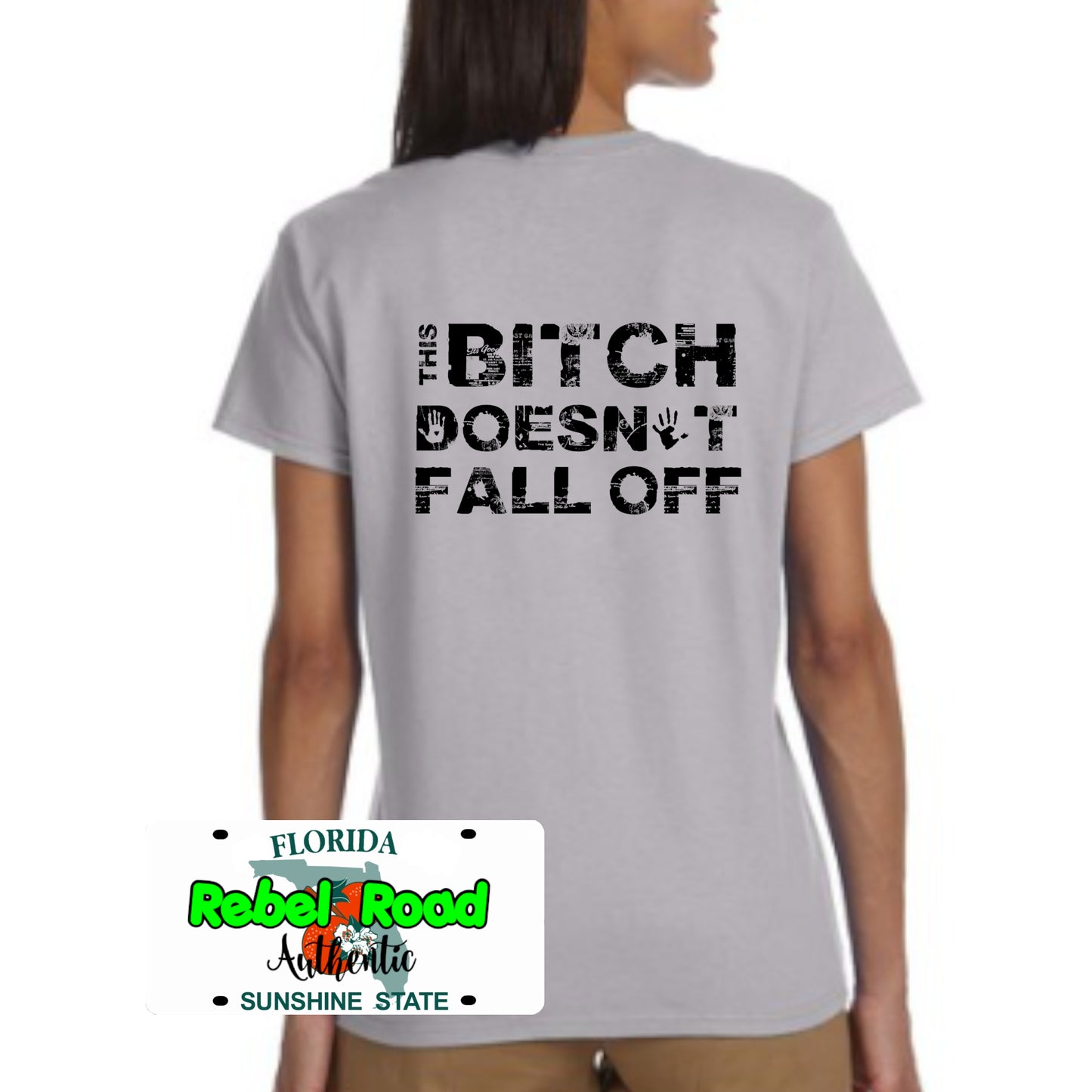 This Bitch Doesn’t Fall Off Women’s Biker T-Shirt – Funny Motorcycle Riding Tee for Strong Female Riders