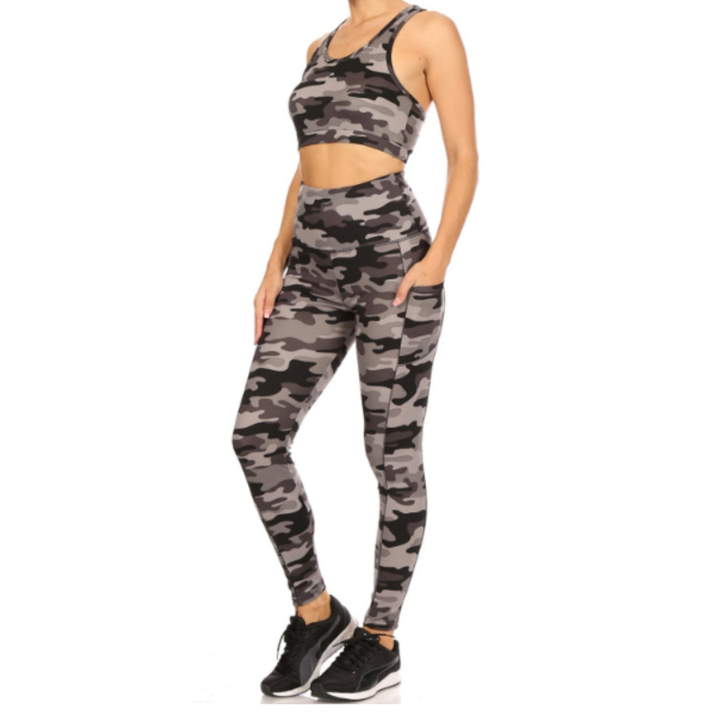 2 Piece Charcoal Camouflage Crop Top and Legging Set