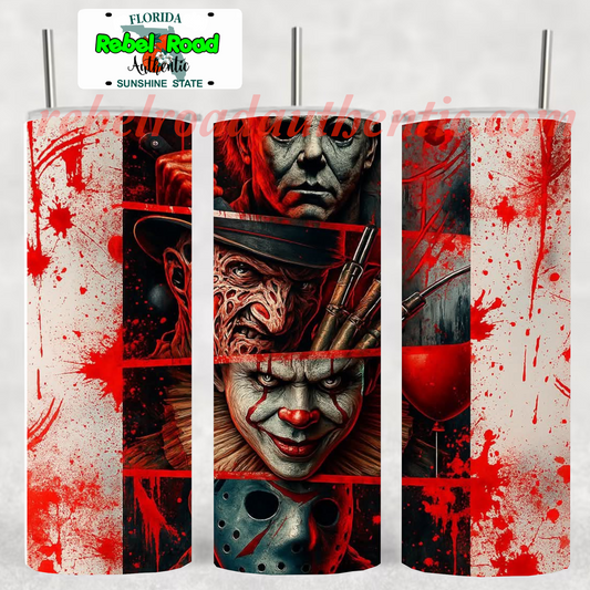 Horror Icons Bloody Slashers 20oz sublimination skinny tumbler Customizable Options Available.
