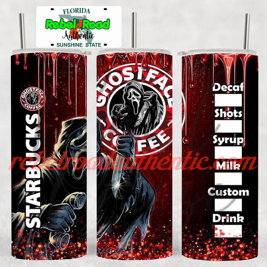 Ghost Face Starbucks 20oz sublimination skinny tumbler Customizable Options Available.