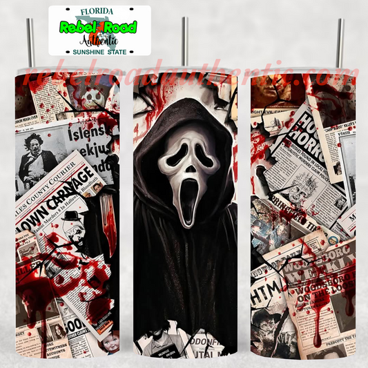 Ghost Face Newspaper 20oz sublimination skinny tumbler Customizable Options Available.