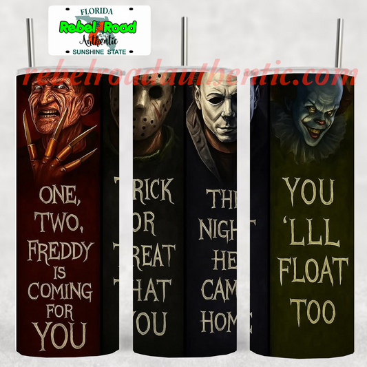 Horror Movie Tags 20oz sublimination skinny tumbler Customizable Options Available.