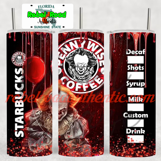 Pennywise Starbucks 20oz sublimination skinny tumbler Customizable Options Available.