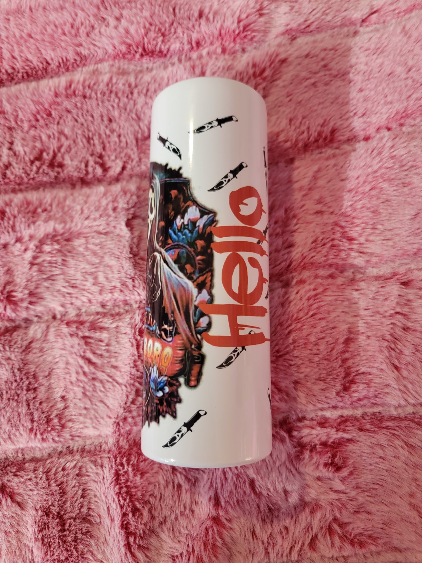 Scream Ghost Face Hello Sidney 20oz skinny tumbler.