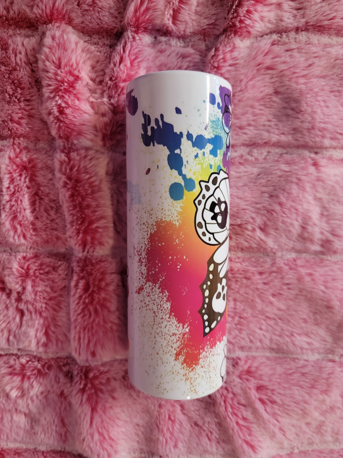 Splatter Butterfly Skull 20oz skinny tumbler.