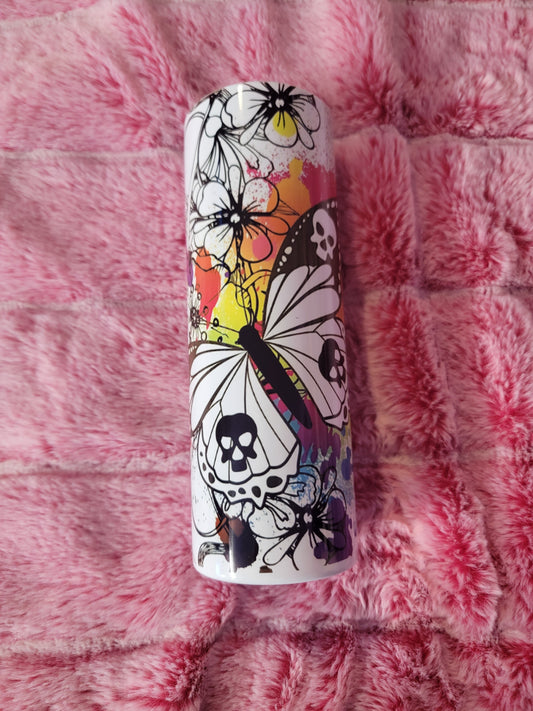 Splatter Butterfly Skull 20oz skinny tumbler.