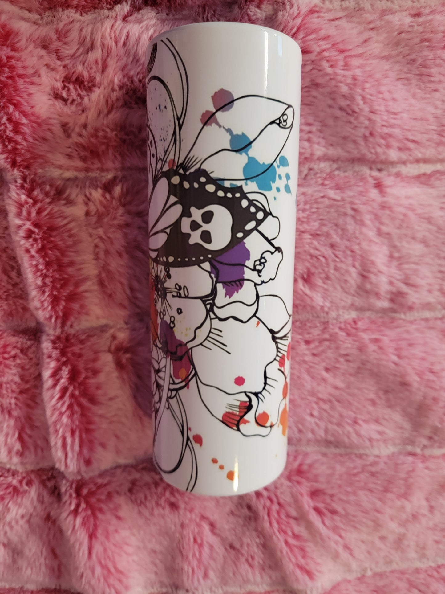 Splatter Butterfly Skull 20oz skinny tumbler.