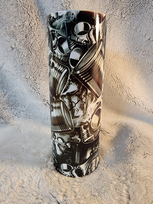 Vtwin Piston and skulls 20oz sublimination skinny tumbler.