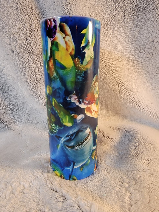 Bruce the shark 20oz sublimination skinny tumbler.