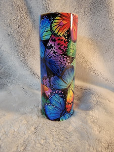 Multicolor butterfly 20oz sublimination skinny tumbler.