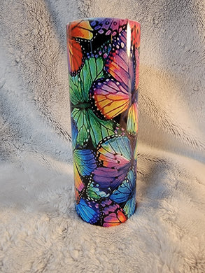 Multicolor butterfly 20oz sublimination skinny tumbler.