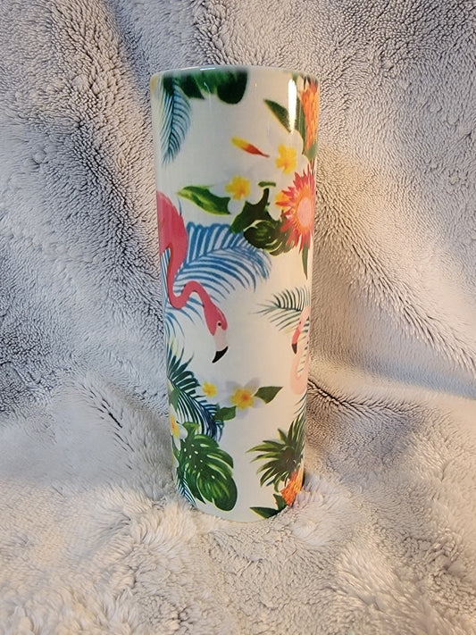 Tropical scene and Flamingos 20oz sublimination skinny tumbler.