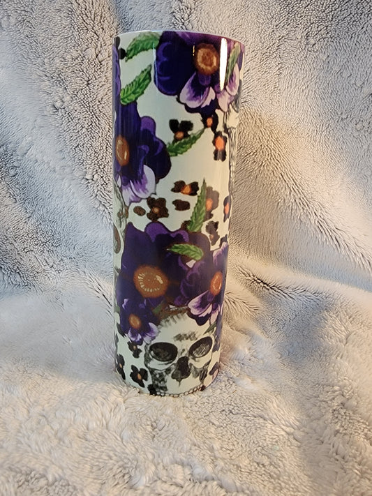 Vibrant Purple Flower and skulls 20oz sublimination skinny tumbler.