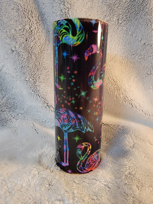 Neon Flamingo 20oz sublimination skinny tumbler.