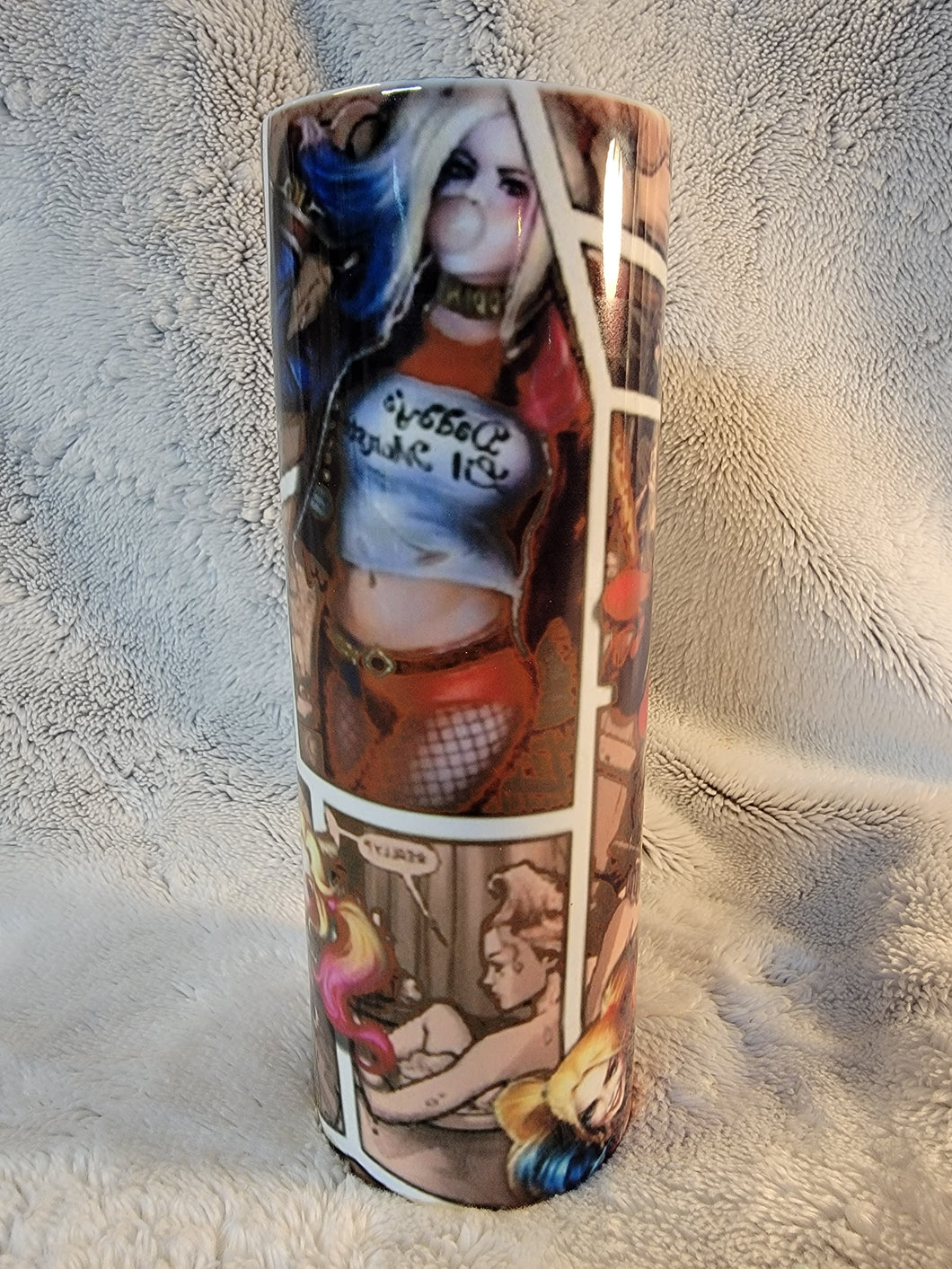 Harley Quinn comic pages 20oz sublimination skinny tumbler.