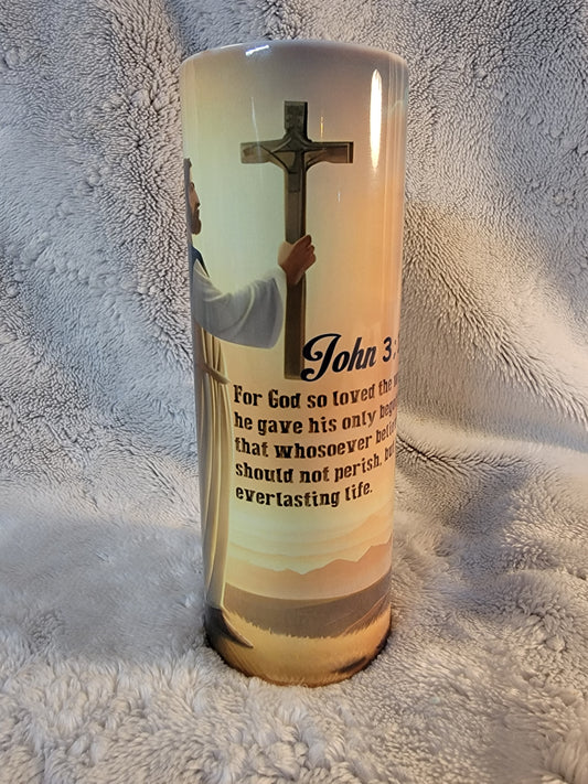 Bible Verse John 3:16 20oz sublimination skinny tumbler.