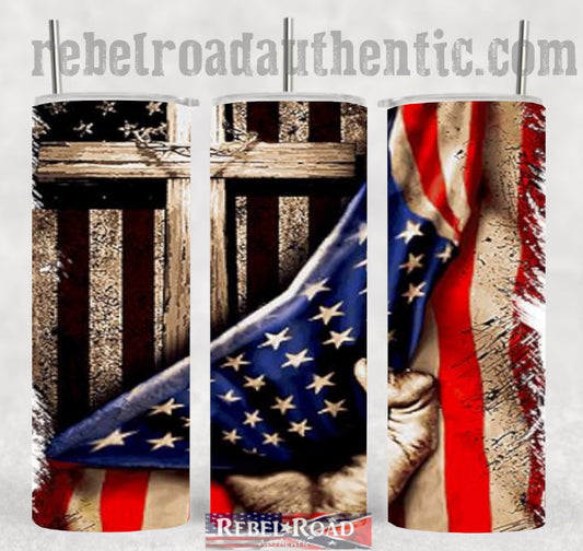 Flag Revealing Cross 20oz sublimination skinny tumbler Customizable Options Available.