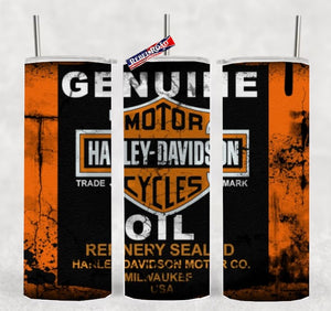 Harley Davidson Oil Can 20oz sublimination skinny tumbler Customizable Options Available.