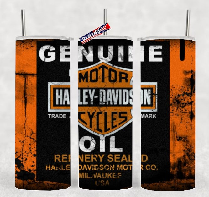 Genuine Harley Davidson Oil Can 20oz sublimination skinny tumbler Customizable Options Available.