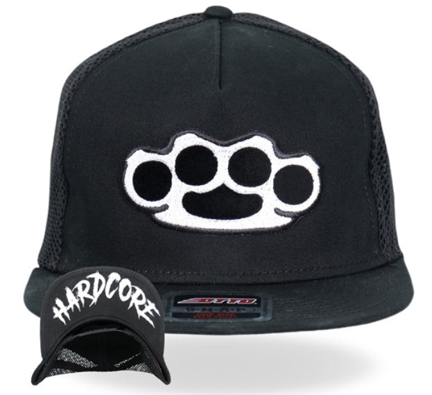 Brass Knuckle Snap Back Trucker Hat with Hardcore on the Brim