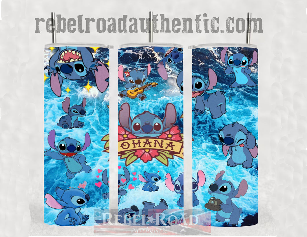 Ohana Stitch 20oz sublimination skinny tumbler Customizable Options Available.