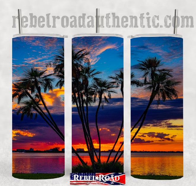 Palm Tree Sunset 20oz sublimination skinny tumbler Customizable Options Available.