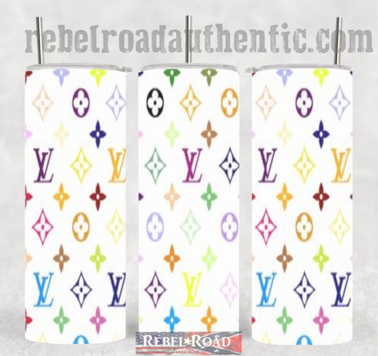 White & Colored LV Designer 20oz sublimination skinny tumbler Customizable Options Available.